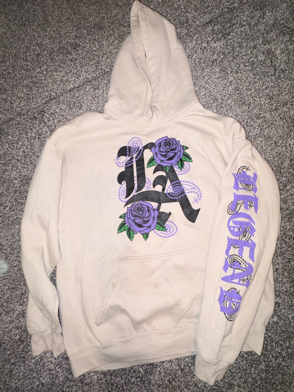 Beige Hoodie with Purple Rose Graphic - Men's Pullover Sweatshirt